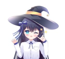 Rule 34 | 1girl, ;d, absurdres, bad id, bad pixiv id, black hair, black hat, blue bow, blue eyes, blue ribbon, blush, bow, breasts, collared shirt, commentary request, dress shirt, fang, hair between eyes, hair bow, hair ornament, hairclip, hat, highres, liang feng qui ye, long hair, long sleeves, looking at viewer, neck ribbon, one eye closed, open mouth, original, puffy long sleeves, puffy sleeves, ribbon, shirt, simple background, small breasts, smile, solo, star (symbol), star hair ornament, striped, striped bow, upper body, very long hair, white background, white shirt, witch hat