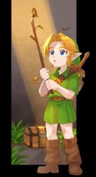 Rule 34 | 1boy, belt, blonde hair, blue eyes, boots, brown footwear, bug, butterfly, child, full body, green hat, green skirt, hat, highres, insect, knee boots, link, male focus, nintendo, nomeringo, pointy ears, shield, shield on back, skirt, solo, stick, sword, the legend of zelda, the legend of zelda: ocarina of time, treasure chest, weapon, weapon on back, young link