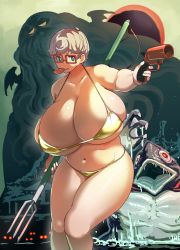 Rule 34 | 1girl, alien, bikini, blue eyes, breasts, bursting breasts, closed mouth, cropped legs, cthulhu, female focus, food in mouth, freckles, body freckles, freckles on breasts, glasses, gold bikini, gun, handgun, highres, holding, holding gun, holding weapon, huge breasts, monster, pistol, plump, polearm, sasaki tatsuya, short hair, swimsuit, trident, weapon, white hair