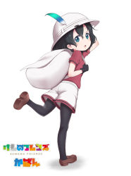 Rule 34 | 10s, 1girl, backpack, bag, black gloves, black hair, black pantyhose, blue eyes, bucket hat, character name, commentary request, copyright name, from behind, gloves, hand on headwear, hat, hat feather, highres, kaban (kemono friends), kemono friends, looking back, pantyhose, pantyhose under shorts, ransusan, shadow, shirt, shorts, simple background, solo, t-shirt, white background