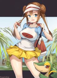 Rule 34 | 1girl, :d, aymusk, bag, blue shirt, blush, bra strap, breasts, closed mouth, contrapposto, creatures (company), dress, game freak, gen 5 pokemon, highres, holding, holding poke ball, impossible clothes, impossible shirt, large breasts, long hair, looking at viewer, miniskirt, nintendo, no legwear, open mouth, outside border, plant, pleated skirt, poke ball, poke ball (basic), poke ball print, pokemon, pokemon (creature), pokemon bw2, print shirt, raglan sleeves, red eyes, rosa (pokemon), shirt, short sleeves, shoulder bag, sidelocks, skirt, smile, smug, snivy, standing, tareme, twintails, visor cap, white headwear, white shirt, yellow skirt