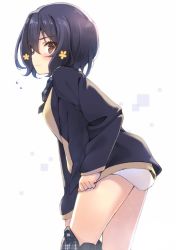 Rule 34 | 1girl, black hair, black jacket, blush, breasts, clothes pull, commentary request, feet out of frame, flower, from side, hair between eyes, hair flower, hair ornament, jacket, jacket pull, long sleeves, looking at viewer, medium breasts, mizuno ai, no panties, no pants, osa (osaosa), red eyes, see-through, short hair, simple background, skirt, solo, standing, sweater, wavy mouth, white background, yellow sweater, zombie land saga
