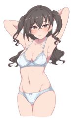 Rule 34 | 1girl, absurdres, armpits, arms behind head, arms up, blush, bow, bow panties, bra, breasts, brown eyes, brown hair, cleavage, cowboy shot, highres, idolmaster, idolmaster cinderella girls, lingerie, looking at viewer, medium breasts, mole, mole under eye, navel, panties, simple background, solo, sunazuka akira, two side up, underwear, underwear only, wasabijoyu76, white background