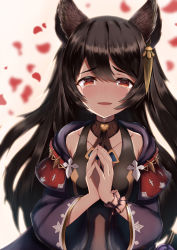 Rule 34 | animal ears, bare shoulders, blush, breasts, brown hair, choker, commentary request, crying, earrings, erune, falling petals, granblue fantasy, hair between eyes, heart, highres, hisei, hood, hood down, jacket, jacket on shoulders, jewelry, long hair, long sleeves, looking at viewer, nier (granblue fantasy), open mouth, own hands together, petals, simple background, small breasts, smile, solo, tank top, tears, white background