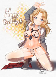Rule 34 | 1girl, animal print, between breasts, bikini, blonde hair, blue eyes, blush, breasts, cameltoe, chinese zodiac, cow print, female focus, girls und panzer, happy birthday, highres, kay (girls und panzer), large breasts, megadeko, navel, necktie, necktie between breasts, saunders school uniform, school uniform, solo, swimsuit, thighhighs, v, white thighhighs, year of the ox