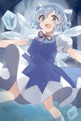 Rule 34 | 1girl, :d, absurdres, arms at sides, bare legs, blue bow, blue eyes, blue hair, blue skirt, blue vest, blurry, blurry background, bow, buttons, cirno, collared shirt, detached wings, fang, floating, hair bow, highres, ice, ice wings, light blue hair, light particles, looking at viewer, neck ribbon, open mouth, puffy short sleeves, puffy sleeves, red ribbon, ribbon, rin (yukameiko), shirt, short hair, short sleeves, skirt, smile, solo, touhou, two-tone skirt, vest, white shirt, white skirt, wings