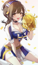 Rule 34 | 1girl, absurdres, breasts, brown hair, cheerleader, choker, cleavage, commentary request, confetti, gawawawa, hair ribbon, high ponytail, highres, idolmaster, idolmaster shiny colors, kuwayama chiyuki, large breasts, looking at viewer, midriff, navel, open mouth, pom pom (cheerleading), ribbon, short sleeves, sitting, solo, wariza, yellow eyes