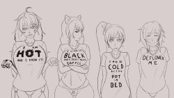 Rule 34 | 4girls, ahoge, animal ears, blake belladonna, breasts, cat ears, cat girl, clothes writing, collarbone, crossed arms, english text, fuck-me shirt, gluteal fold, highres, large breasts, long hair, looking at viewer, meme attire, monochrome, mr.russo, multiple girls, panties, ponytail, prosthesis, prosthetic arm, ruby rose, rwby, shirt, short hair, short sleeves, simple background, sketch, small breasts, smile, t-shirt, thick thighs, thighs, underwear, weiss schnee, yang xiao long