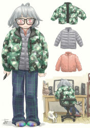 Rule 34 | 1girl, arms at sides, banknote print, blue pants, blush, cable, cat, chiyo maru, closed mouth, commentary request, computer, desk, down jacket, electric plug, equipment layout, glasses, green jacket, green pants, grey hair, grey jacket, grey socks, holding, holding stylus, jacket, layered clothes, light smile, medium hair, messy hair, multiple views, on chair, open clothes, open jacket, original, pants, pink eyes, pink jacket, plaid, plaid pants, power strip, print jacket, signature, sitting, sitting sideways, slippers, socks, speaker, stylus, swivel chair, two-tone pants, wide-eyed