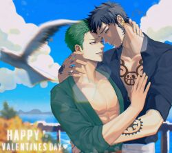 Rule 34 | 2boys, bare pectorals, bird, black hair, black shirt, chest tattoo, closed mouth, collarbone, dress shirt, earrings, english text, eye contact, facial hair, fulenimenle, goatee, green hair, green kimono, half-closed eyes, hands on another&#039;s chest, happy valentine, highres, hug, japanese clothes, jewelry, kimono, long sideburns, looking at another, male focus, multiple boys, muscular, ocean, one piece, open clothes, outdoors, pants, partially unbuttoned, pectorals, roronoa zoro, scar, scar across eye, shirt, short hair, sideburns, sleeves rolled up, smile, tattoo, trafalgar law, tropical, white shirt, yaoi