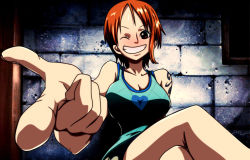 Rule 34 | arm tattoo, breasts, brown eyes, cleavage, crossed legs, large breasts, nami (one piece), one eye closed, one piece, orange hair, pointing, short hair, smile, solo, tank top, tattoo, wink