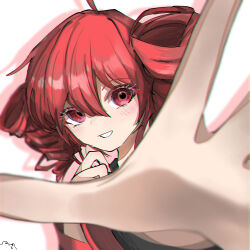 Rule 34 | 1girl, black sleeves, blurry, blurry foreground, chromatic aberration, commentary, drill hair, eyelashes, hand up, highres, kaeru (user wasj7328), kasane teto, long sleeves, pink trim, reaching, reaching towards viewer, red eyes, red hair, simple background, smile, solo, twin drills, utau, white background