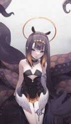 Rule 34 | 1girl, artist name, bare shoulders, black dress, black gloves, black hair, blue eyes, blunt bangs, commentary, dress, elbow gloves, fang, feathered wings, flat chest, gloves, grey background, halo, highres, hololive, hololive english, long hair, looking at viewer, low wings, mole, mole under eye, ninomae ina&#039;nis, ninomae ina&#039;nis (1st costume), pointy ears, short dress, simple background, single elbow glove, single thighhigh, solo, strapless, strapless dress, tentacle hair, tentacles, terupancake, thigh gap, thighhighs, twitter username, very long hair, virtual youtuber, white wings, wings