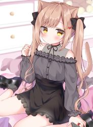 Rule 34 | 1girl, absurdres, animal ears, black bow, black footwear, black ribbon, black skirt, blush, bow, brown hair, cabinet, cat ears, cat tail, frilled shirt, frilled skirt, frills, hair bow, hair ornament, hairclip, hamico, highres, indoors, jewelry, long hair, long sleeves, neck ribbon, original, polka dot, puffy long sleeves, puffy sleeves, ribbon, ring, shirt, shoes, skirt, sleeveless, socks, solo, tail, thighs, twintails, wavy hair, yellow eyes
