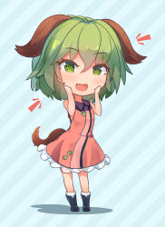Rule 34 | 1girl, :d, absurdres, animal ears, boots, chibi, dress, ehrrr, green eyes, green hair, hair between eyes, hands on own face, highres, kasodani kyouko, looking at viewer, open mouth, red eyes, short hair, sleeveless, sleeveless dress, smile, solo, tail, touhou