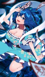 Rule 34 | 1girl, :d, absurdres, arm up, bad id, bad twitter id, belt, between fingers, black belt, blue dress, blue eyes, blue hair, blue nails, blush, bobby socks, breasts, cleavage, collarbone, commentary request, dress, floral print, frilled dress, frills, full body, hagoromo, hair between eyes, hair ornament, hair rings, hair stick, highres, holding, kaku seiga, kamenozoki momomo, large breasts, looking at viewer, mary janes, nail polish, ofuda, ofuda between fingers, open mouth, puffy short sleeves, puffy sleeves, shawl, shoes, short hair, short sleeves, smile, socks, solo, standing, standing on one leg, stone floor, tombstone, touhou, vest, white socks, white vest