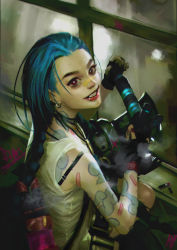 Rule 34 | 1girl, absurdres, alternate hair color, blue hair, braid, bullet, earrings, fingerless gloves, flat chest, gloves, goldcloud, highres, jewelry, jinx (league of legends), league of legends, lips, lipstick, long hair, makeup, nail polish, necklace, piercing, pink eyes, red eyes, tattoo, very long hair, weapon