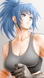 Rule 34 | 1girl, bare shoulders, black gloves, blue eyes, blue hair, breasts, closed mouth, collarbone, earrings, gloves, grey background, highres, jewelry, leona heidern, looking away, military, military uniform, ponytail, simple background, soldier, solo, tank top, the king of fighters, uniform, x chitch