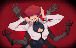 Rule 34 | 1girl, alternate breast size, cropped jacket, disembodied hand, grin, hair over eyes, highres, meme, oh my valhalla, red background, red flags (song), red hair, shermie (kof), simple background, smile, solo, the king of fighters &#039;97, upper body