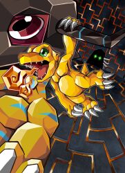 agumon digimon digimon_(creature) fire green_eyes greymon red_eyes skullgreymon