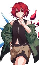 Rule 34 | 1other, absurdres, androgynous, asymmetrical wings, bare shoulders, black nails, black shirt, black shorts, brown shorts, clenched hand, collared shirt, detached wings, earrings, green jacket, highres, jacket, jewelry, layered shorts, len&#039;en, midriff, navel, red eyes, red hair, shirt, shorts, sleeveless, sleeveless shirt, strangenovel, wings