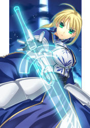 Rule 34 | 1girl, armor, armored dress, artoria pendragon (fate), blonde hair, dress, fate/stay night, fate/zero, fate (series), frown, gauntlets, green eyes, hair ribbon, invisible air (fate), night, outstretched hand, puffy sleeves, ribbon, saber (fate), solo, sword, transparent, uemukai dai, uemuki dai, weapon