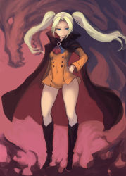 Rule 34 | 1girl, akatsuki blitzkampf, ascot, black footwear, blonde hair, blue eyes, boots, breasts, buttons, cape, covered navel, dress, floating hair, full body, hair intakes, hand on own hip, highres, johan (johan13), knee boots, legs apart, long hair, long sleeves, looking at viewer, medium breasts, microdress, mycale, no eyewear, orange dress, red ascot, revision, smile, solo, standing, thighs, twintails