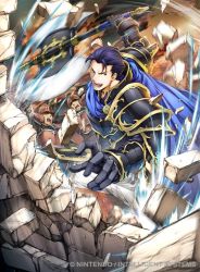 Rule 34 | 3boys, arm guards, armor, axe, blue eyes, blue hair, cape, company connection, copyright name, fire emblem, fire emblem: the blazing blade, fire emblem cipher, gauntlets, hector (fire emblem), holding, holding weapon, male focus, multiple boys, nintendo, open mouth, short hair, smile, weapon, yamada koutarou