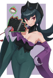 Rule 34 | 1girl, bare shoulders, bellelba (pokemon), black hair, blush, breasts, closed mouth, collarbone, commentary request, covered navel, creatures (company), detached collar, dress, earrings, eyeshadow, frilled dress, frills, game freak, gloves, gonzarez, green dress, hair between eyes, hand fan, hand on own hip, highres, holding, holding fan, jewelry, large breasts, lips, long hair, looking at viewer, makeup, nintendo, off-shoulder dress, off shoulder, official alternate costume, poke ball, poke ball (basic), pokemon, pokemon bw2, pokestar studios, purple gloves, purple lips, purple sleeves, red eyes, sabrina (pokemon), smile, solo, telekinesis, tiara, wide sleeves