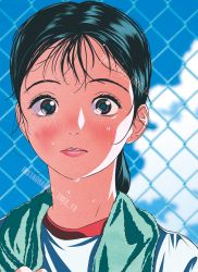 Rule 34 | 1girl, black hair, blue sky, blurry, blurry background, blush, brown eyes, cloud, cloudy sky, fence, highres, long hair, looking at viewer, original, parted lips, ponytail, portrait, shirt, sky, solo, towel, tree 13, white shirt