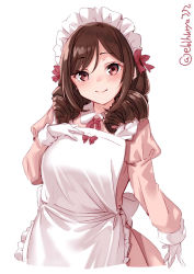 Rule 34 | 1girl, alternate costume, apron, blush, breasts, brown hair, dress, drill hair, ebifurya, frills, gloves, hair ribbon, harukaze (kancolle), highres, kantai collection, long hair, looking at viewer, maid, maid apron, maid headdress, neck ribbon, one-hour drawing challenge, pink dress, red eyes, red ribbon, ribbon, simple background, smile, solo, twin drills, twitter username, white background, white gloves
