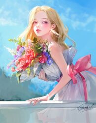 Rule 34 | 1girl, absurdres, back bow, bare shoulders, blonde hair, blue flower, blush, bouquet, bow, bracelet, cloud, day, dress, earrings, flower, forget-me-not (flower), hair behind ear, highres, holding, holding bouquet, jewelry, light smile, lips, lizchief, long hair, looking at viewer, original, outdoors, parted lips, pink bow, pink flower, pink rose, purple eyes, purple flower, realistic, rose, signature, sky, solo, teeth, white dress