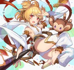 Rule 34 | 10s, 1boy, 1girl, :3, andira (granblue fantasy), animal ears, ass, bare shoulders, barefoot, blonde hair, breasts, detached pants, detached sleeves, erune, fang, fang out, feet, from below, granblue fantasy, hair ornament, highres, looking at viewer, monkey, monkey ears, monkey girl, monkey tail, red eyes, saitou naoki, short hair, sideboob, small breasts, smile, staff, tail, thighhighs, thighs, toes, white thighhighs, wide sleeves