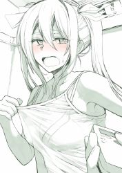 Rule 34 | 10s, 1girl, air conditioner, alternate costume, bare shoulders, bra, breasts, camisole, cleavage, collarbone, commentary, controller, fang, hair between eyes, hair over shoulder, hair ribbon, half-closed eyes, highres, kantai collection, long hair, monochrome, multiple monochrome, open mouth, remote control, ribbon, solo, sweatdrop, tone (kancolle), tube, twintails, underwear, upper body, wavy mouth, yami (m31)