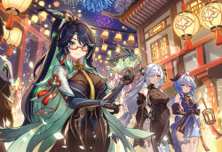 Rule 34 | 1boy, :d, :o, bare shoulders, black gloves, blue hair, blush, breasts, closed mouth, colored inner hair, commentary, english commentary, fireworks, ganyu (genshin impact), ganyu (twilight blossom) (genshin impact), genshin impact, glasses, gloves, green hair, hair ornament, hair over one eye, holding, lantern, large breasts, long hair, looking at viewer, multicolored hair, night, official alternate costume, one eye covered, open mouth, outdoors, ponytail, saylamars, shenhe (frostflower dew) (genshin impact), shenhe (genshin impact), smile, white hair, xianyun (genshin impact), zhongli (genshin impact)