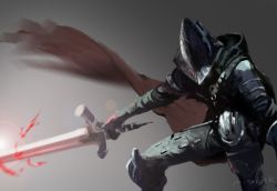 Rule 34 | 1other, abyss watcher, armor, cape, dark souls (series), dark souls iii, fighting stance, helmet, holding, holding sword, holding weapon, knight, miso katsu, pants, red cape, solo, sword, weapon