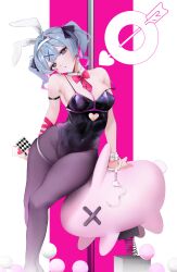 1girl absurdres ace_(playing_card) ace_of_hearts animal_ears arm_belt arm_ribbon black_leotard black_ribbon blue_eyes bow bowtie breasts card clothing_cutout collar covered_navel cuffs detached_collar fake_animal_ears grey_hair hair_ribbon handcuffs hatsune_miku heart heart_cutout highres holding holding_card leotard muciduci5 necktie pantyhose pink_bow pink_bowtie pink_pupils pink_ribbon playing_card pole rabbit_ears rabbit_hole_(vocaloid) ribbon short_necktie solo spring_(object) strap_slip stripper_pole teardrop_facial_mark twitter_username vocaloid white_collar