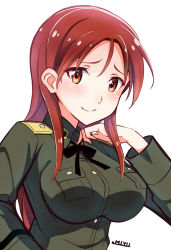 Rule 34 | 1girl, black ribbon, breasts, commentary request, highres, jacket, kuroten, long hair, medium breasts, military, military jacket, military uniform, minna-dietlinde wilcke, neck ribbon, red eyes, red hair, ribbon, simple background, solo, strike witches, uniform, upper body, white background, world witches series