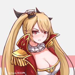 Rule 34 | &gt;:(, 10s, 1girl, azur lane, black bow, blonde hair, blush, bow, breasts, cleavage, commentary, detached collar, disco brando, epaulettes, frown, grey background, hair bow, high collar, highres, jacket, large breasts, long sleeves, looking at viewer, nelson (azur lane), open clothes, open jacket, red eyes, red jacket, solo, twintails, twitter username, upper body, v-shaped eyebrows