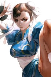 Rule 34 | 1girl, bracelet, bun cover, capcom, china dress, chinese clothes, chun-li, double bun, dress, fighting stance, jewelry, pantyhose, pelvic curtain, sash, simple background, solo, spiked bracelet, spikes, street fighter, tahra, translated, upper body, white background