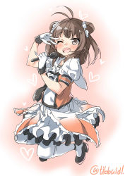 Rule 34 | 1girl, ;d, antenna hair, arm up, black footwear, blush, brown eyes, brown hair, double bun, ebifurya, full body, gloves, hair bun, heart, highres, holding, holding microphone, kantai collection, looking at viewer, microphone, naka (kancolle), naka kai ni (kancolle), neckerchief, one eye closed, open mouth, pantyhose, puffy short sleeves, puffy sleeves, shoes, short hair, short sleeves, smile, solo, twitter username, v over eye, white gloves, white pantyhose