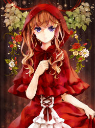 Rule 34 | 1girl, bow, brown hair, cape, capelet, daisy, dress, flower, highres, hood, little red riding hood, little red riding hood (grimm), long hair, original, puracotte, purple eyes, red cape, red dress, red rose, ribbon, rose, smile, solo