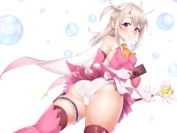 Rule 34 | 1girl, :o, ass, bad anatomy, breasts, bubble, card, commentary request, covered erect nipples, elbow gloves, fate/kaleid liner prisma illya, fate (series), feather hair ornament, feathers, from behind, gloves, hair ornament, highres, holding, holding card, holding wand, illyasviel von einzbern, kaleidostick, katsura harufumi, long hair, looking at viewer, looking back, magical girl, magical ruby, medium breasts, open mouth, panties, prisma illya, red eyes, shiny skin, silver hair, skirt, solo, standing, thigh strap, thighhighs, twisted torso, underwear, wand, white background, white panties