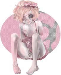 Rule 34 | 1girl, aftersex, amputee, bad id, bad pixiv id, barefoot, blonde hair, bow, breasts, crying, crying with eyes open, cum, dress, ero guro, eyepatch, feet, flat chest, guro, long hair, nipples, tears