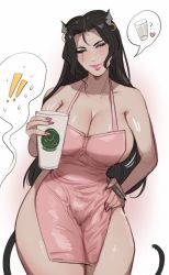Rule 34 | !, !!, 1girl, animal ears, apron, black hair, blush, breasts, cleavage, closed eyes, commentary, cup, english commentary, facing viewer, hand on own hip, heart, highres, hodaka natsumi, holding, holding cup, iced latte with breast milk (meme), kitty keihara, large breasts, lips, lipstick, long hair, makeup, meme, mole, mole under eye, nail polish, naked apron, original, pink apron, pink lips, pink nails, simple background, solo, speech bubble, standing, tail, very long hair, white background