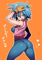 Rule 34 | 1girl, allenby beardsley, ass, bare shoulders, blue hair, blush, bodysuit, breasts, come hither, from behind, g gundam, gloves, green eyes, gundam, highres, jiggle, large breasts, looking at viewer, looking back, naughty face, shiny clothes, shiny skin, short hair, sideboob, skin tight, smile, solo, tongue, tongue out, translation request, tukiwani