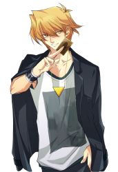 Rule 34 | 1boy, black jacket, blonde hair, card, collarbone, grin, hair between eyes, highres, holding, holding card, jacket, jacket on shoulders, jonouchi katsuya, looking at viewer, male focus, medium hair, open clothes, open jacket, shirt, sketch, smile, solo, standing, upper body, vvv1356 ygo, white shirt, yellow eyes, yu-gi-oh!, yu-gi-oh! duel monsters