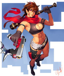 Rule 34 | 1girl, abs, aiming, aiming at viewer, arm up, armpits, bare shoulders, belt, belt buckle, black bra, black footwear, black gloves, black shorts, blade, blue background, boots, bra, braid, breasts, brown hair, buckle, cleavage, cleavage cutout, clothing cutout, commentary request, dual wielding, earrings, facial mark, floating hair, foreshortening, from above, full body, gloves, gun, hair between eyes, halterneck, head tilt, highres, holding, holding gun, holding weapon, holster, horns, jewelry, knee boots, large breasts, long hair, looking at viewer, midriff, navel, ogami, oni, oni horns, original, over shoulder, parted lips, pointing, pointing at viewer, pointy ears, red eyes, red scarf, scarf, short shorts, shorts, signature, single braid, solo, spiked hair, spikes, sports bra, standing, stud earrings, thigh holster, thigh strap, trigger discipline, underwear, weapon, weapon over shoulder, white background, white belt, wind
