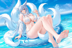 Rule 34 | 1girl, animal ear fluff, animal ears, artist name, azur lane, barefoot, bikini, breasts, detached sleeves, dutch angle, feet, fox ears, fox girl, fox tail, full body, highres, huge breasts, kitsune, knees together feet apart, knees up, kyuubi, large tail, legs, long hair, long sleeves, looking at viewer, multiple tails, official alternate costume, purple eyes, see-through, see-through sleeves, shinano (azur lane), shinano (dreamy white sands) (azur lane), shiny skin, soles, solo, stardust (chen&#039;ai weiding), swimsuit, tail, tail censor, toes, undone bikini, untied bikini, very long hair, white bikini, white hair, white tail