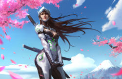 Rule 34 | 1girl, armor, blue sky, branch, breasts, brown eyes, brown hair, cherry blossoms, cloud, cowboy shot, cyborg, day, forehead protector, from below, genderswap, genderswap (mtf), genji (overwatch), helmet, highres, katana, light smile, long hair, looking to the side, medium breasts, mount fuji, mountain, nose, outdoors, overwatch, overwatch 1, pants, parted lips, power armor, qichao wang, realistic, red lips, sheath, sheathed, sky, solo, sword, weapon